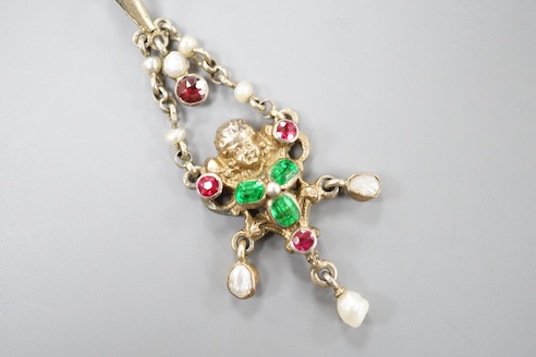 A 19th century Austro-Hungarian gilt white metal, paste and seed pearl set drop pendant, 43mm.